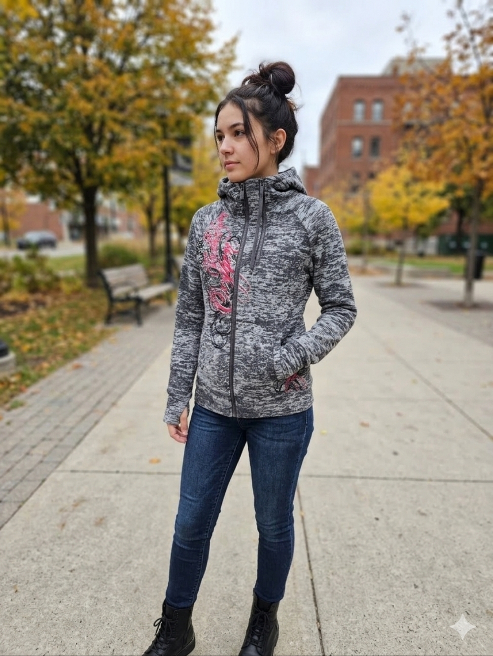 Oxygen Gray Graphic Zip Up Hoodie Rhinestone M